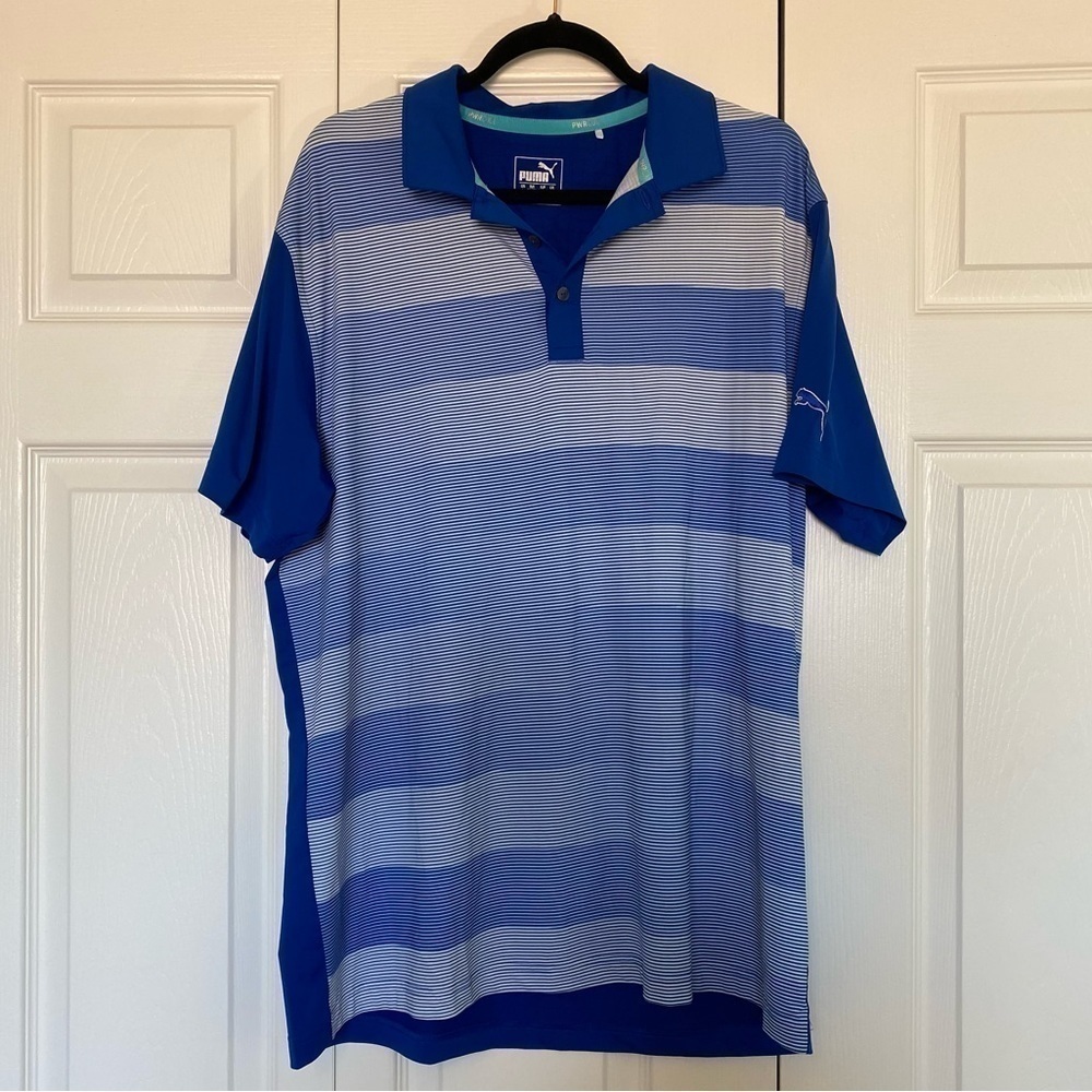 PUMA Blue & White Stripes Polo PRWCOOL Men’s Golf T-Shirt